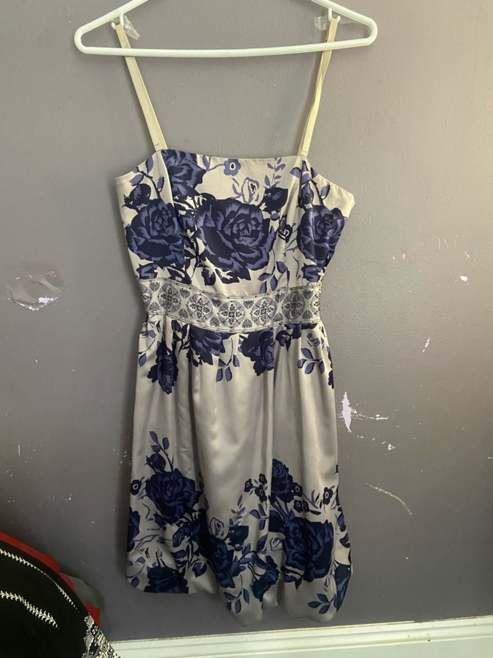RW&CO. Navy and Cream Floral Satin Dress